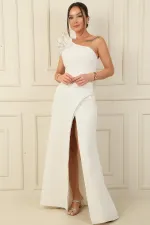 One-Shoulder Lined Crepe Mermaid Dress with Sparkling Stone Details