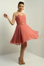 Women's Strappy, Back-Tie, Front-Opening, Lined Chiffon Short Flared Dress