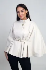 Kadın Tek Düğmeli Beli Kemerli Kaşe Panço