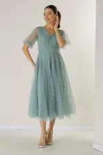 Ön Arka V Yaka Kısa Balon Kollu Kare Benekli Simli Dalya Kumaş Astarlı Elbise