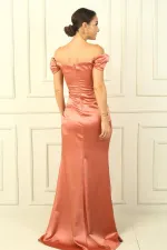 Long satin dress with side ruching and underwire lining.