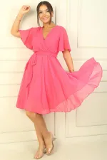 Women's Wrap Neckline Ruffled Sleeve Lined Chiffon Dress