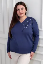 Kadın V Yaka Büyük Beden Taşlı Triko Bluz