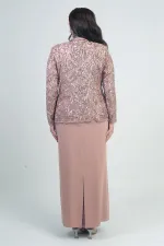 Ensemble 2 pièces pour femme, comprenant une veste en tulle ornée de sequins et de perles, une robe longue à manches demi-lune en crêpe doublée et un pantalon grande taille.