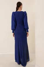 Beli Taş Aksesuarlı Likralı Şifon Detaylı Astarlı Uzun Simli Geniş Beden Aralıklı Elbise