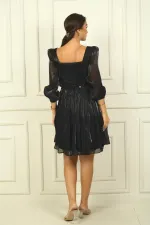Women's Square Neck Long Sleeve Belted Pleated Organza Short Dress