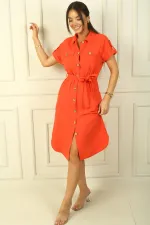 Double-pocket, button-front, belted linen-effect dress.