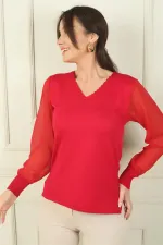 Kadın Merdiven V Yaka Kolları Şifon Kazak