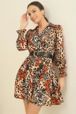 Wrap-around polo shirt, belted waist, lined, leopard print satin dress.