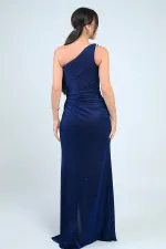 Women's One-Shoulder Side-Seam Draped Lined Lycra Glitter Long Dress