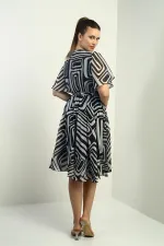 Women's Wrap Neckline Belted Lined Geometric Pattern Chiffon Dress