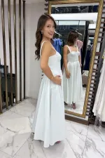 Kadın Askılı Sırtı İpli Korsajlı Saten Kloş Midi Elbise