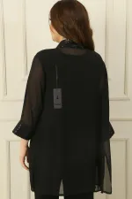 Ensemble 2 pièces veste en mousseline de soie à col châle et paillettes avec chemisier sans manches, grande taille