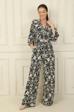 Front and Back V-Neck Crop Top, Elastic Waistband, Pocketed Palazzo Pants, Floral 2-Piece Set
