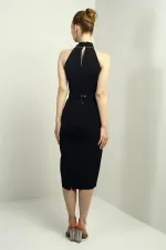 Women's Embellished Cross Neck Belted Midi Crepe Dress