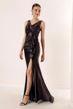 Draped, Flounced Front, Lined, Wide-Size, Long Satin Dress