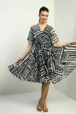 Women's Wrap Neckline Belted Lined Geometric Pattern Chiffon Dress