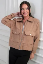 Manteau court en cachemire pour femme avec poche kangourou zippée sur le devant