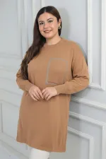 Kadın Önü Tek Cepli Taş Baskı Detaylı Büyük Beden TrikoTunik Bluz