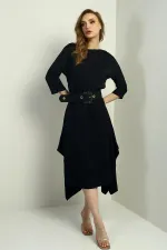 Kadın Çeyrek Kollu Beli Kemerli Asimetrik Krep Saten Midi Elbise