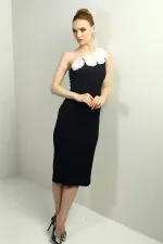 Women's One-Shoulder Crepe Midi Dress with Floral Detail and Front Slit