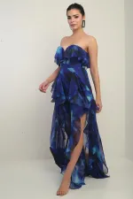 Robe longue bustier doublée en mousseline à volants et imprimé floral pour femme