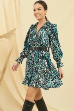 Wrap-around polo shirt, belted waist, lined, leopard print satin dress.