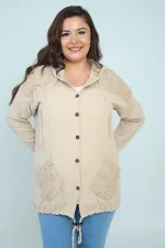 Women's Hooded, Button-Front, Pocketed, Ruffled Plus Size Cardigan