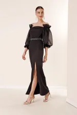 Square Neck, Organza Sleeves, Front Slit, Belted Waist Long Dress