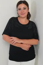 Chemisier grande taille à manches chauve-souris courtes pour femme, orné de strass aux épaules et en lycra.