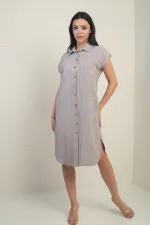 Women's Short-Sleeved, Corded, Pocketed Shirt Dress with Side Slits