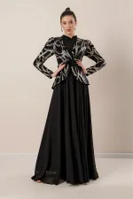 Kolları Büzgülü Güllü KEmer Detaylı Astarlı Üstü Yaldızlı Şifon Elbise