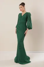 Double-Breasted Front Pleated Lined Long Chiffon Dress