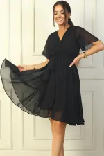 Women's Wrap Neckline Ruffled Sleeve Lined Chiffon Dress