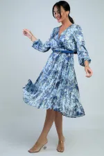 Kadın Kruvaze Yaka Beli Kemerli Astarlı Zincir Desen Piliseli Midi Saten Elbise