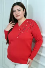 Women's V-Neck Plus Size Stoned Knit Blouse