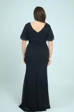 Women's Back V-Neck Lined Waist Beaded Detail Dart-Style Plus Size Crepe Chiffon Dress