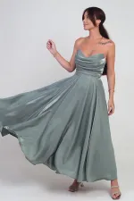 Women's V-Neck Strapless Lined Organza Satin Midi Dress