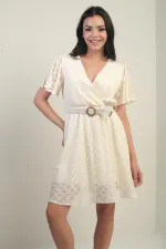 Kruvaze Yaka Beli Kemerli Astarlı Kol Volanlı Yırtmaçlı Dantel Elbise