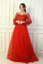 Kadın Pul Detaylı Arkası Bağcıklı Astarlı Simli Uzun Abiye Elbise