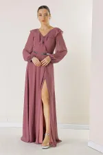 Long Chiffon Dress with Ruffled Front, Balloon Sleeves, and Belt