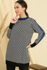 Tunique tricotée à rayures, coupe décontractée, col et poignets à motifs en zigzag