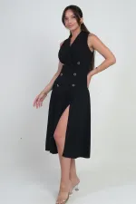 Kadın Kruvaze Yaka Astarlı Çift Yırtmaçlı Düğme Detaylı Midi Krep Elbise