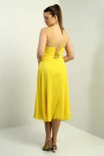 Women's Strappy Wrap Neckline Lined Lace-Up Back Flared Chiffon Dress