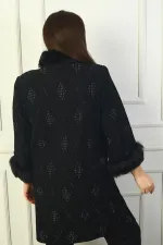 Cardigan grande taille pour femme avec col et manches en fourrure, boutonné sur le devant, poches et motif diamant pailleté