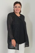 Ensemble deux pièces grande taille : chemisier à manches longues en lycra pour femme et veste en mousseline à pois dorés.