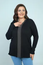 Kadın V Yaka Önü Şeritli Fitilli Soğuk İplik Büyük Beden Triko Bluz