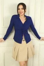 Kadın Polo V Yaka Düğüm Detaylı Fitilli Likralı Bluz