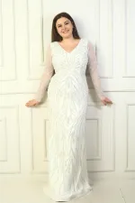 Front and Back V-Neck, Tulle Sleeves, Lined, Embellished Long Plus Size Dress