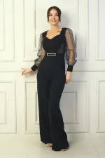 Combinaison palazzo pour femme avec décolleté en cœur, ceinture à la taille, manches en tulle et paillettes carrées